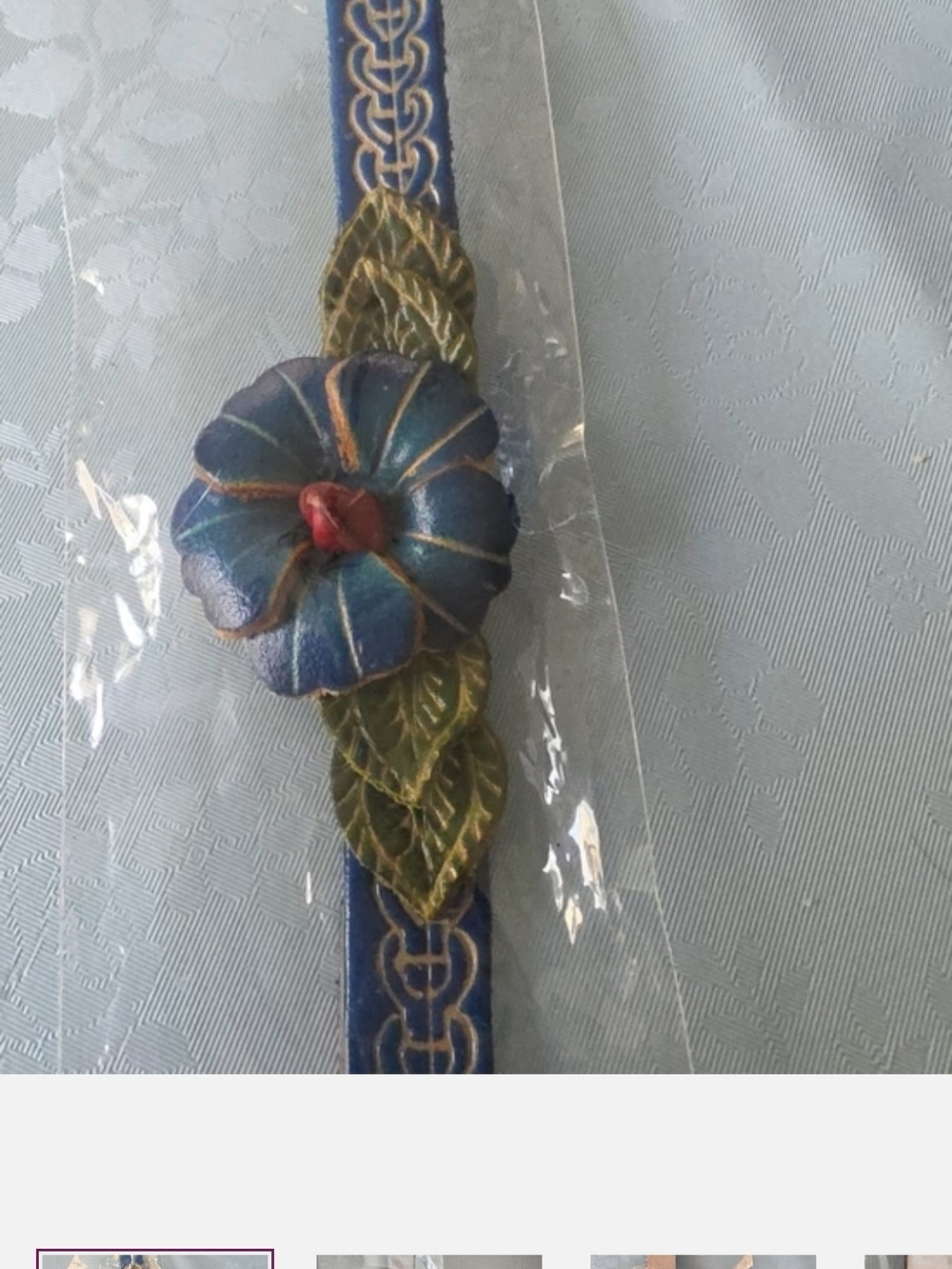 Handcrafted Blue Leather Floral Bracelet with Green Leaves